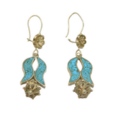 Pair Navajo Sterling Silver Turquoise Floral Studio Drop Earrings Vintage c1970