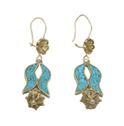 Pair Navajo Sterling Silver Turquoise Floral Studio Drop Earrings Vintage c1970