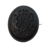 Victorian Carved Whitby Jet Monogram Sweetheart Brooch Antique c1860s