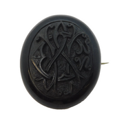 Victorian Carved Whitby Jet Monogram Sweetheart Brooch Antique c1860s