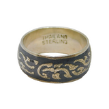 Sterling Silver Niello Black Enamel Patterned Band Ring Antique c1930 Size O