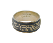 Sterling Silver Niello Black Enamel Patterned Band Ring Antique c1930 Size O