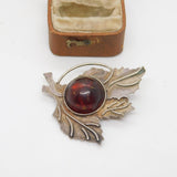 Russian Sterling Silver Cabochon Baltic Amber Leaf Brooch Antique c1930 Deco