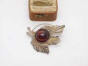 Russian Sterling Silver Cabochon Baltic Amber Leaf Brooch Antique c1930 Deco