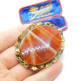 Large Victorian Rolled Gold Floral Framed Red Banded Agate Brooch Antique c1860