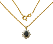 9ct Yellow Gold, Oval Cut Sapphire & Spinel Pendant Necklace Vintage London