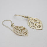 Pair of Sterling Silver Brushed Leaf Skeleton Hook Drop Earrings Vintage c2010