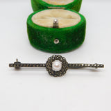 Sterling Silver, Marcasite & Pearl Set Bar Brooch Antique c1930 Art Deco