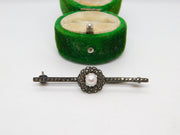 Sterling Silver, Marcasite & Pearl Set Bar Brooch Antique c1930 Art Deco