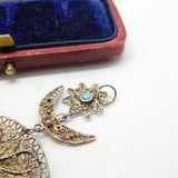 Filigree Sterling Silver & Turquoise Floral Hat Form Drop Pendant Antique c1930