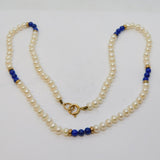 14ct Yellow Gold, Lapis Lazuli & Cultured Pearl Beaded Necklace Vintage c1970s