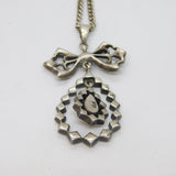 935 Silver Marcasite & Green Paste Bow & Peardrop Necklace Antique c1920's