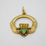 9ct Yellow Gold, Peridot & Spinel Claddagh Irish Heart Drop Pendant Vintage