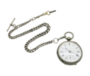 Victorian Sterling Silver Graduating Watch Chain & Plated Pocket Watch Antique