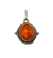 Sterling Silver Baltic Amber Oval Oxidised Charm Or Pendant Vintage c1970s