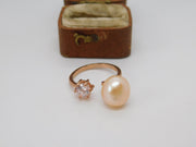 Rose Gold on Sterling Silver, Faux Pearl & Spinel Dress Ring Vintage c1970