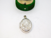 Sterling Silver Oval Deep Locket Floral Design Charm Pendant Vintage c1970
