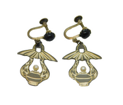 Pair of Sterling Silver Eastern Design Pearl & Onyx Earrings Vintage c1970