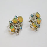 Pair of Sterling Silver Opal Cabochon & Blue Topaz Clip Earrings Vintage c1970