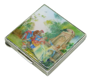 Sterling Silver & Enamel Regency Scene Makeup Compact Antique 1924 Birmingham
