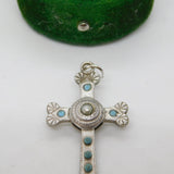 Sterling Silver Turquoise & Central Seed Pearl Cross Pendant Antique c1900