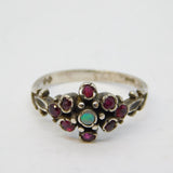 Sterling Silver, Ruby & Opal Floral Cluster Ring Vintage 1977 London