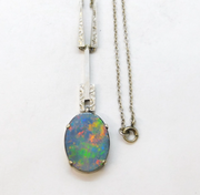 9ct White Gold & Doublet Opal Set Drop Pendant Necklace Vintage 1966 London