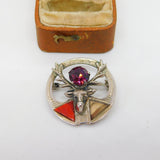 Scottish Sterling Silver, Paste, Red & Montrose Agate Stag Brooch Antique