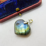 Sterling Silver Carved Labradorite Heart Charm Pendant Vintage c1970