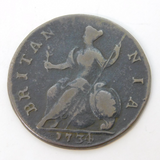 King George II Copper Halfpenny Coin 4 over 3 Antique 1734 Fine Condition