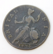 King George II Copper Halfpenny Coin 4 over 3 Antique 1734 Fine Condition