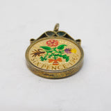 Sterling Silver Mounted Vitreous Enamel Sixpence Charm Pendant Vintage c1970s