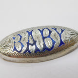 Victorian Sterling Silver Blue Enamel Baby Christening Brooch Antique c1890
