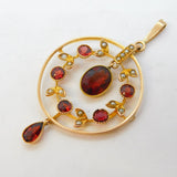 Edwardian 9ct Rose Gold, Garnet & Seed Pearl Lavalier Pendant Antique c1910s