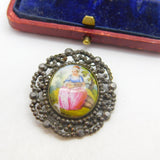Georgian Iron Pyrite & Painted Porcelain Panel Brooch AF Antique c1820