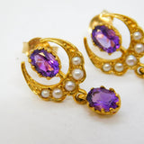 9ct Yellow Gold, Amethyst & Seed Pearl Crescent Drop Stud Earrings Vintage