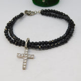 Sterling Silver Onyx Bead & Spinel Set Cross Bracelet Vintage c1980