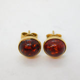 Pair of 9ct Yellow Gold Mounted Baltic Amber Stud Earrings Vintage c1980s