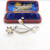 Modernist Sterling Silver Pearl Set Floral Brooch Pin Antique c1970