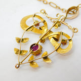 Edwardian 9ct Yellow Gold & Pink Paste Lavalier Pendant Necklace Antique c1910