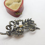 Sterling Silver, Marcasite & Single Pearl Set Floral Brooch Antique c1920 Deco
