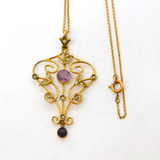 Edwardian 9ct Gold, Amethyst & Seed Pearl Lavalier Pendant Necklace Antique