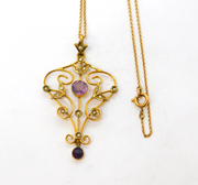 Edwardian 9ct Gold, Amethyst & Seed Pearl Lavalier Pendant Necklace Antique