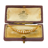 Victorian Boxed 18ct Gold Graduating Seed Pearl Crescent Brooch Antique c1880s