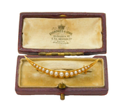 Victorian Boxed 18ct Gold Graduating Seed Pearl Crescent Brooch Antique c1880s