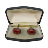 Boxed Pair of Sterling Silver & Cabochon Carnelian Agate Gents Cufflinks Vintage