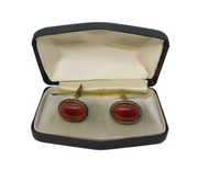 Boxed Pair of Sterling Silver & Cabochon Carnelian Agate Gents Cufflinks Vintage