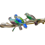Sterling Silver Guilloche Enamel Birds On Branch Brooch Pin Antique c1920's