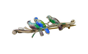 Sterling Silver Guilloche Enamel Birds On Branch Brooch Pin Antique c1920's