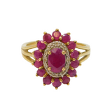9ct Yellow Gold, Ruby & Diamond Floral Cluster Ring Vintage c1990s